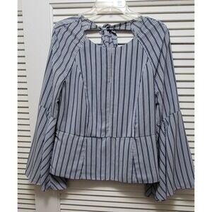 Blue White Striped Bell Sleeve Tie Back Peplum Blouse Bar III Womans Top Large